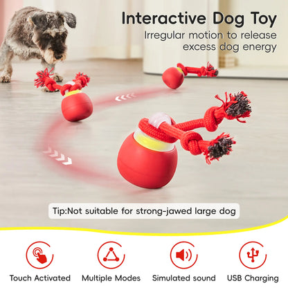 Potaroma Touch Activated Rechargeable Dog Ball Toy, Squeaky Interactive Moving Ball with Rope, USB Charging Auto Rolling Training Ball for Puppy Small Medium Dogs Dark Red