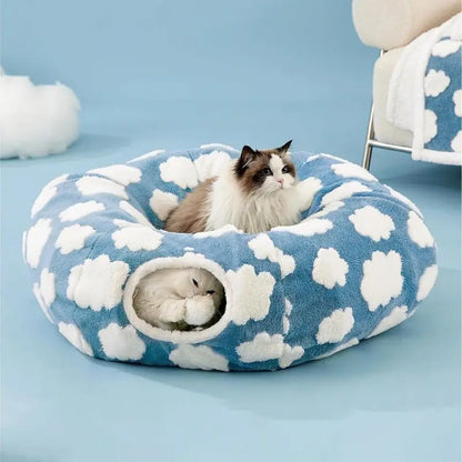 Cute Fuzzy Plush Pet Tunnel Bed with Blanket - Machine Washable Kitten Condo Puppy Furniture, Cozy Donut-Mimicking Cave with Peek-A-Boo Hole, Polyester Calming Bed for All Sizes