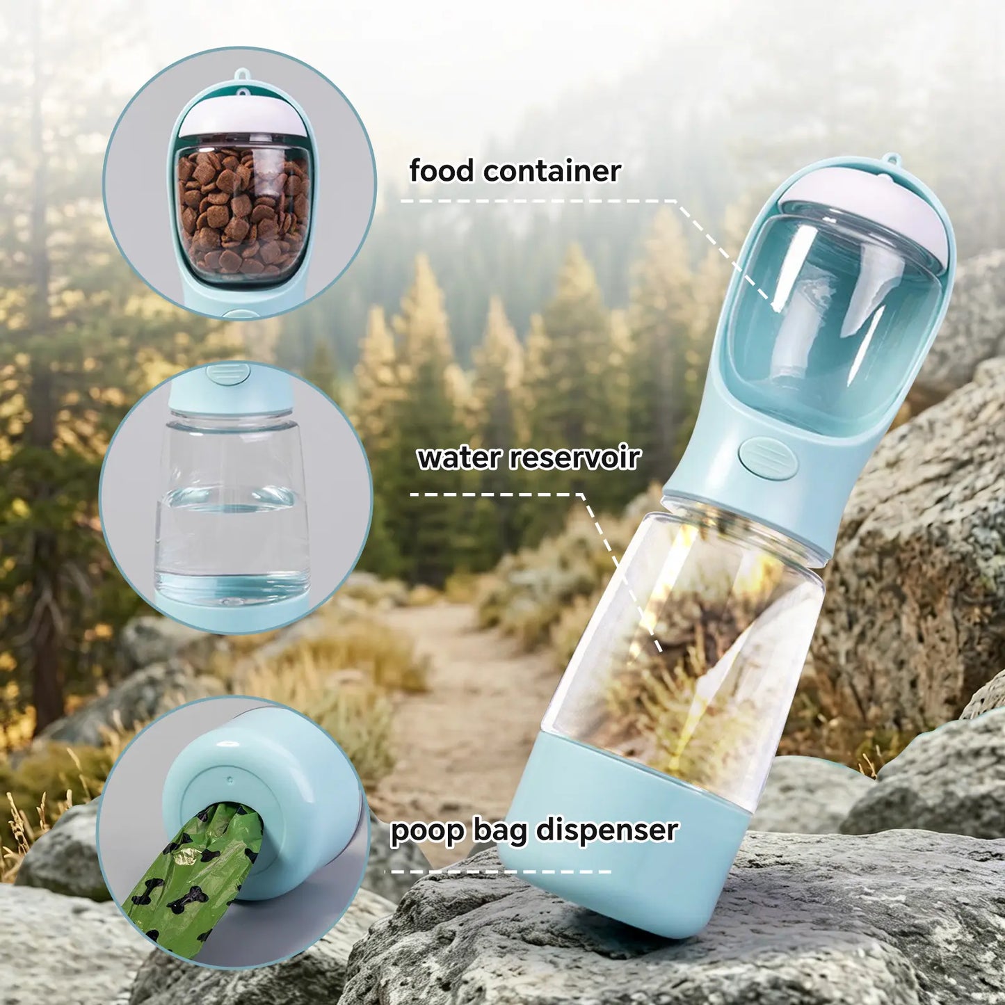 Portable 3-in-1 Dog Water Bottle with Food Container and Built-In Waste Bag Dispenser - Leak-Proof Travel Cup for Walking and Hiking (29cm x 7.5cm)