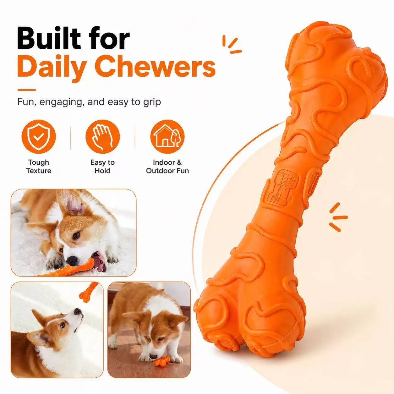 Small Dog Textured Rubber Chew Bone Toy Durable Dental Chewy for Teeth Cleaning Interactive Puppy Play Orange, Bone Stick Chew Toys