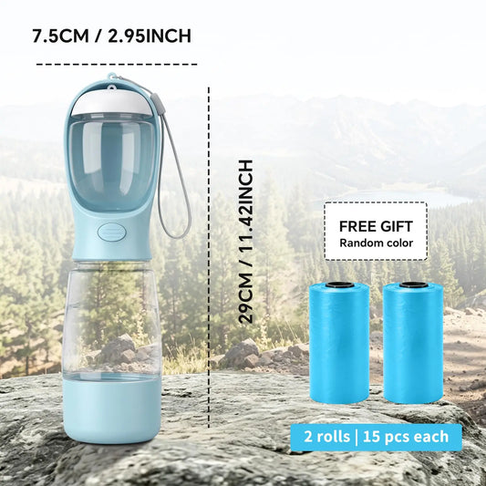 Portable 3-in-1 Dog Water Bottle with Food Container and Built-In Waste Bag Dispenser - Leak-Proof Travel Cup for Walking and Hiking (29cm x 7.5cm)