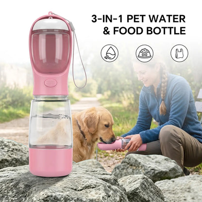 Portable 3-in-1 Dog Water Bottle with Food Container and Built-In Waste Bag Dispenser - Leak-Proof Travel Cup for Walking and Hiking (29cm x 7.5cm)