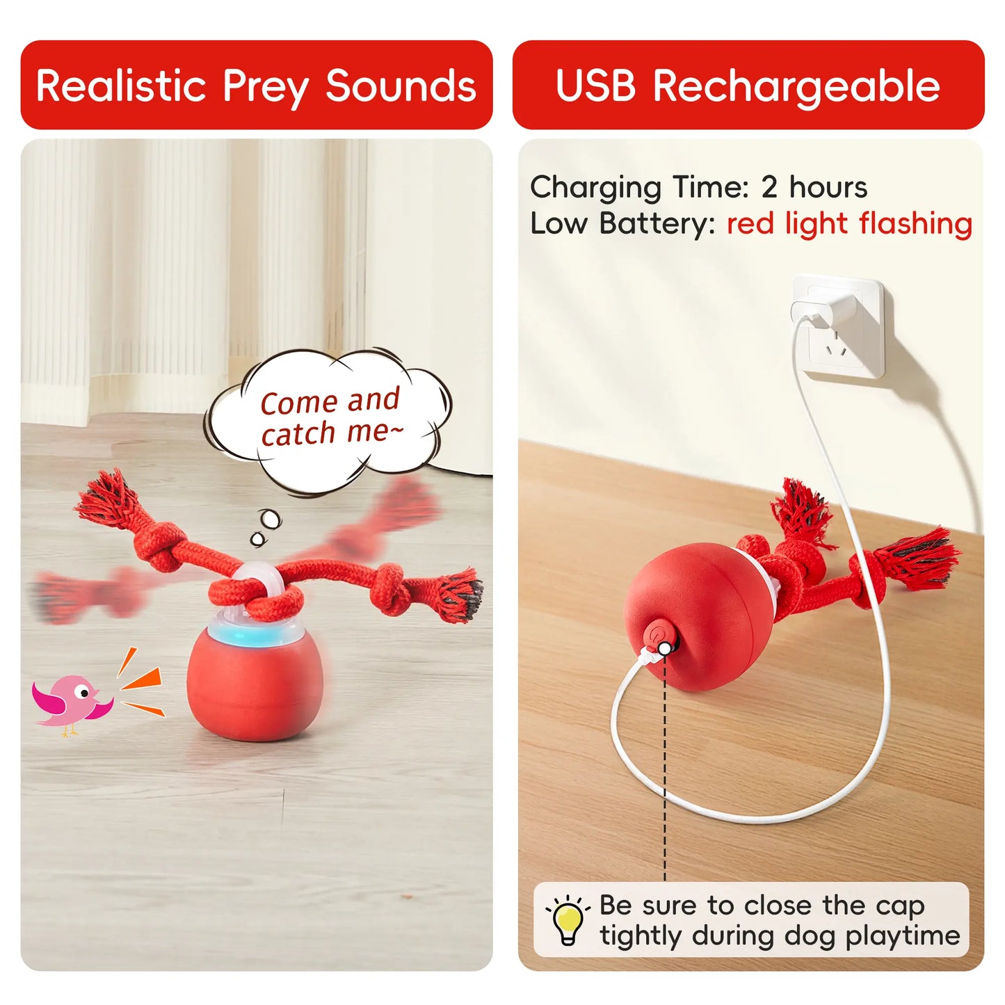 Potaroma Touch Activated Rechargeable Dog Ball Toy, Squeaky Interactive Moving Ball with Rope, USB Charging Auto Rolling Training Ball for Puppy Small Medium Dogs Dark Red