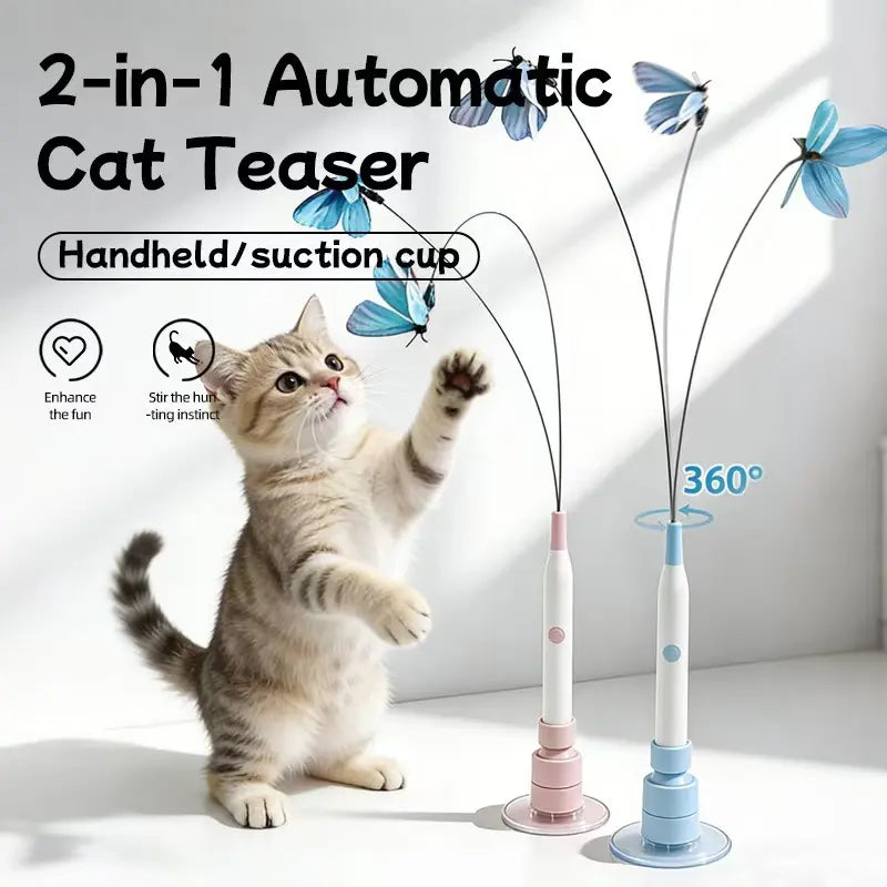 Interactive Cat Toy – Automatic Butterfly Toy with 360° Spin & Random Jump, USB Rechargeable, Dual Play Modes (Self-Play + Handheld), Strong Suction Cup Base – Perfect for Indoor Cats & Kittens Wand