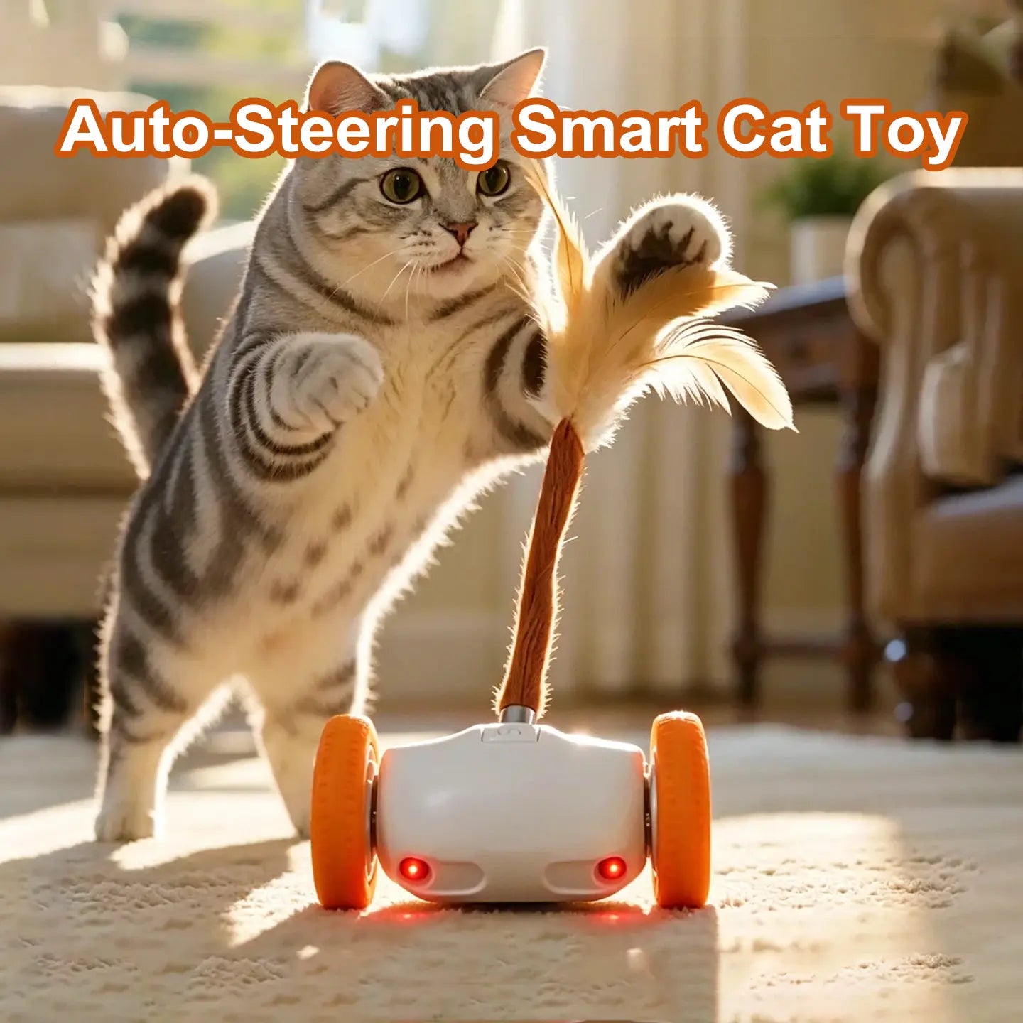 Auto-Steering Smart Cat Toy,Glowing Night-Play LED With,Fluttering Feather,180° Flip and Anti-Stuck Technology,Intelligent Path Routing,Touch-Activated Self-Moving Toy, Long Battery Life and Safe Textures,Suitable for All Cat Breeds and Ages, Led Lighting