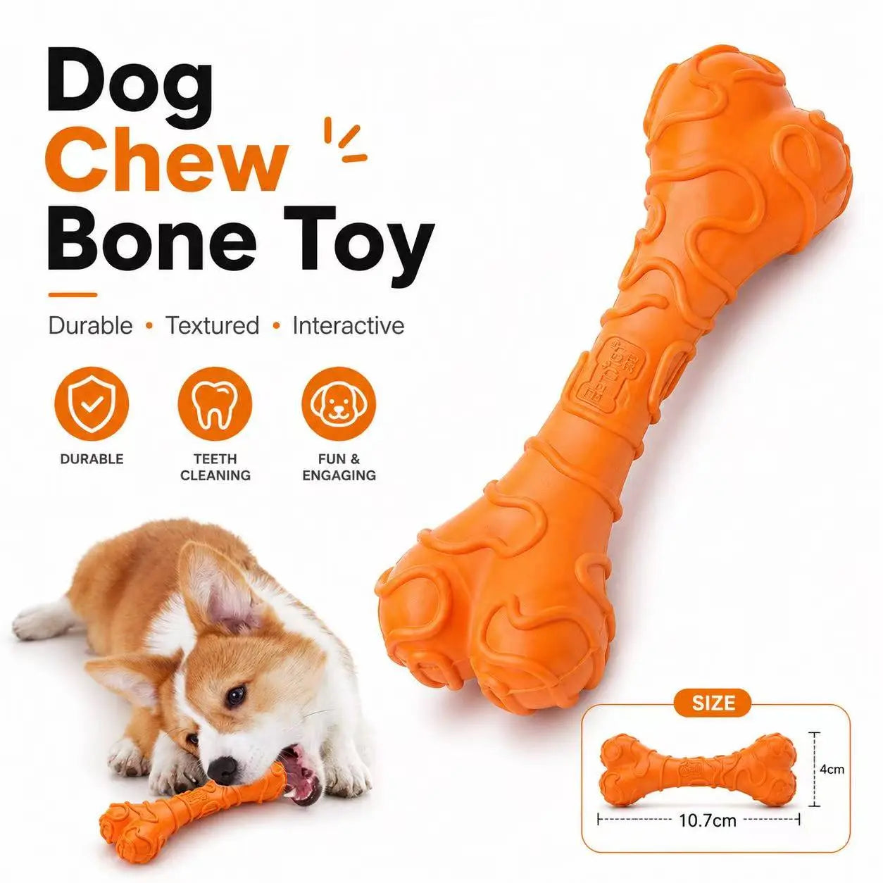 Small Dog Textured Rubber Chew Bone Toy Durable Dental Chewy for Teeth Cleaning Interactive Puppy Play Orange, Bone Stick Chew Toys