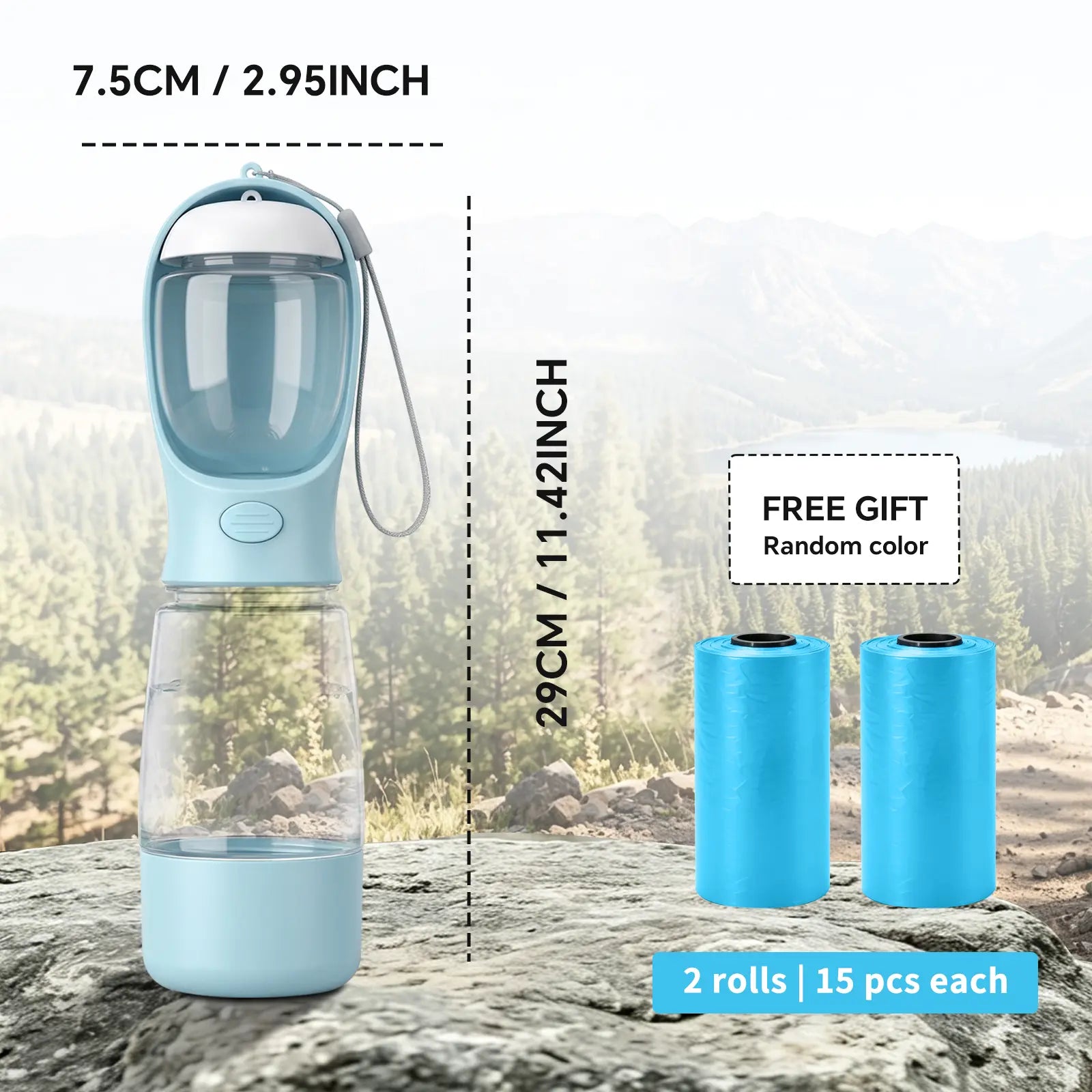Portable 3-in-1 Dog Water Bottle with Food Container and Built-In Waste Bag Dispenser - Leak-Proof Travel Cup for Walking and Hiking (29cm x 7.5cm)