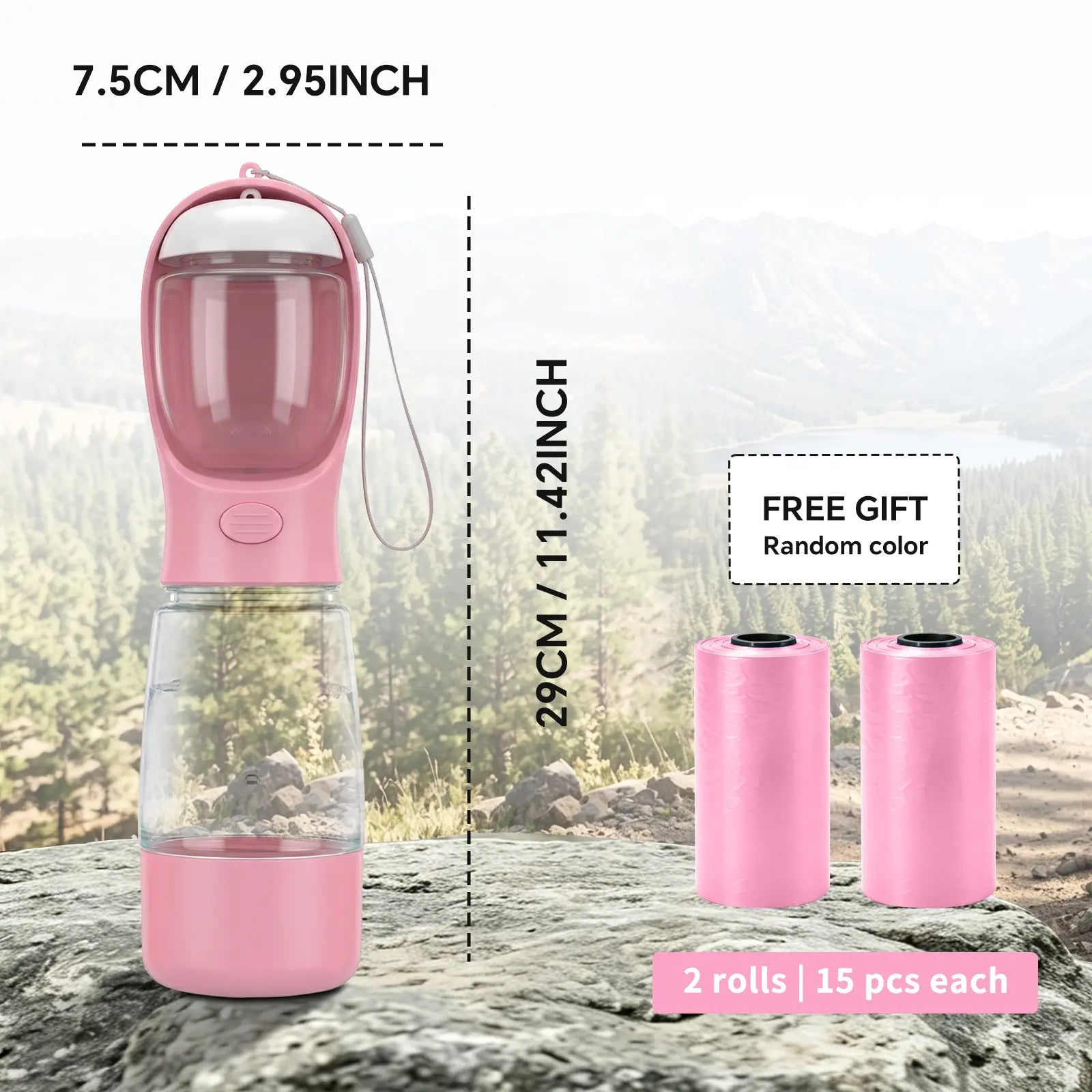 Portable 3-in-1 Dog Water Bottle with Food Container and Built-In Waste Bag Dispenser - Leak-Proof Travel Cup for Walking and Hiking (29cm x 7.5cm)