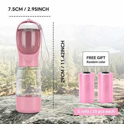 Portable 3-in-1 Dog Water Bottle with Food Container and Built-In Waste Bag Dispenser - Leak-Proof Travel Cup for Walking and Hiking (29cm x 7.5cm)