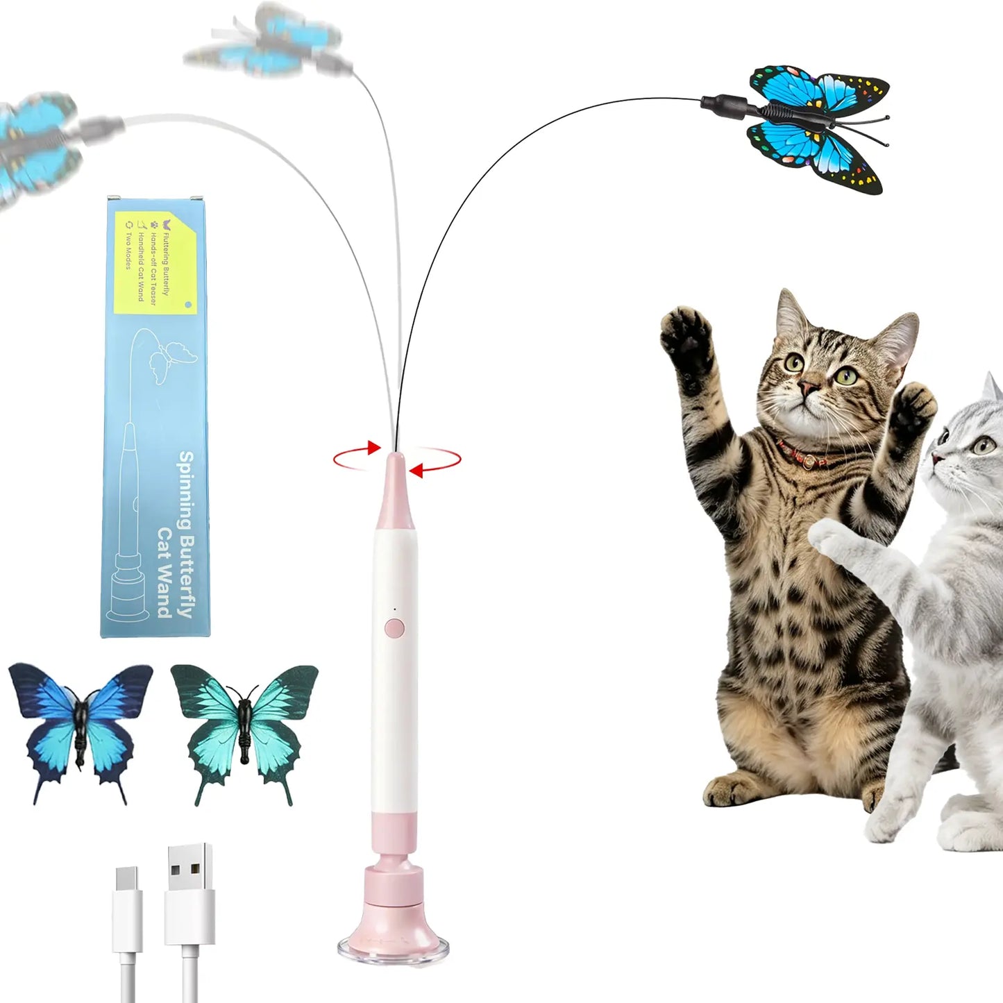 Interactive Cat Toy – Automatic Butterfly Toy with 360° Spin & Random Jump, USB Rechargeable, Dual Play Modes (Self-Play + Handheld), Strong Suction Cup Base – Perfect for Indoor Cats & Kittens Wand