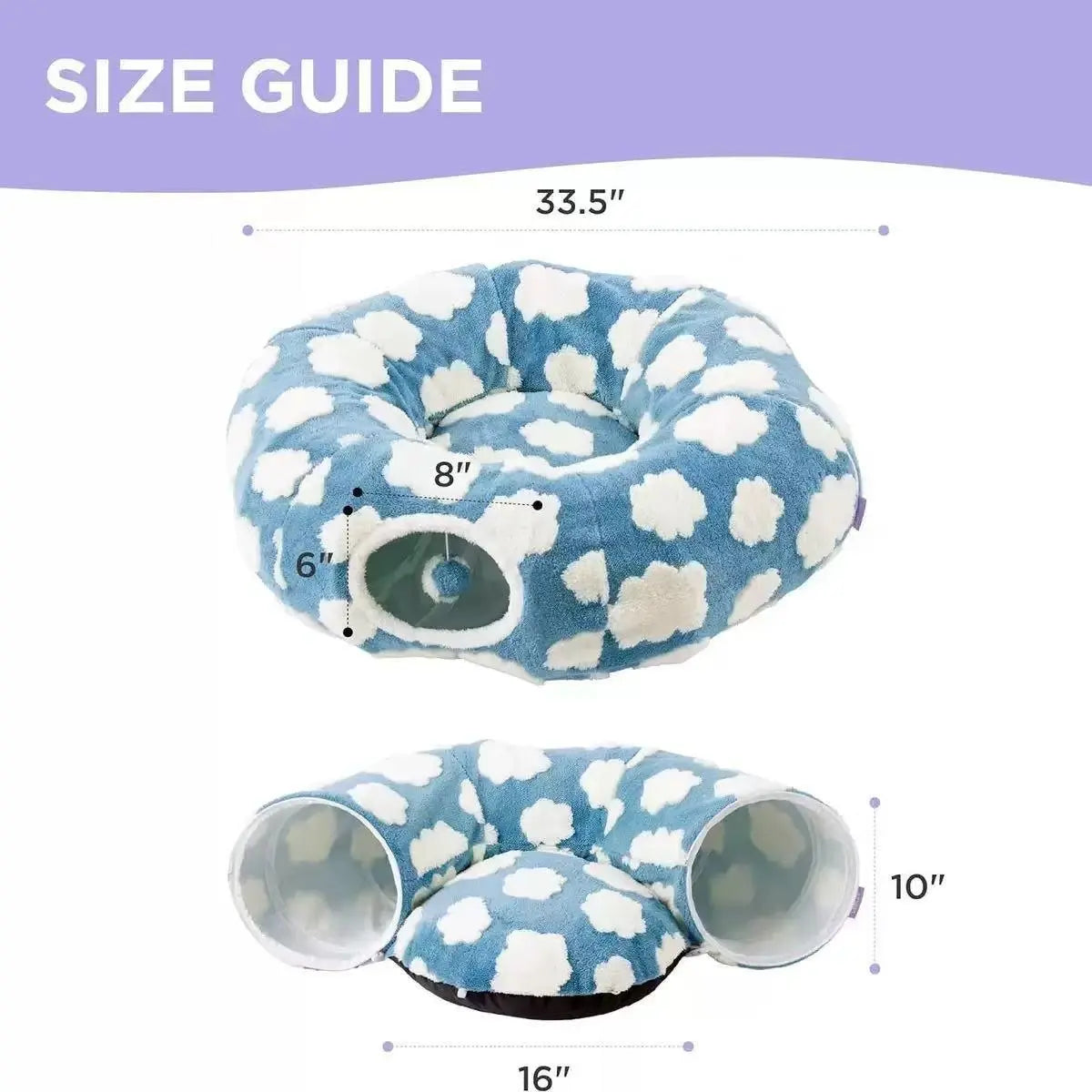 Cute Fuzzy Plush Pet Tunnel Bed with Blanket - Machine Washable Kitten Condo Puppy Furniture, Cozy Donut-Mimicking Cave with Peek-A-Boo Hole, Polyester Calming Bed for All Sizes