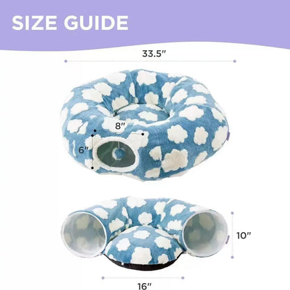Cute Fuzzy Plush Pet Tunnel Bed with Blanket - Machine Washable Kitten Condo Puppy Furniture, Cozy Donut-Mimicking Cave with Peek-A-Boo Hole, Polyester Calming Bed for All Sizes