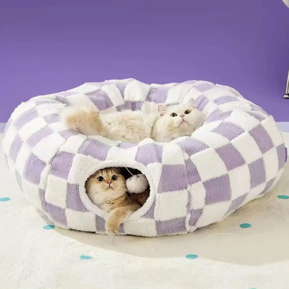 Cute Fuzzy Plush Pet Tunnel Bed with Blanket - Machine Washable Kitten Condo Puppy Furniture, Cozy Donut-Mimicking Cave with Peek-A-Boo Hole, Polyester Calming Bed for All Sizes