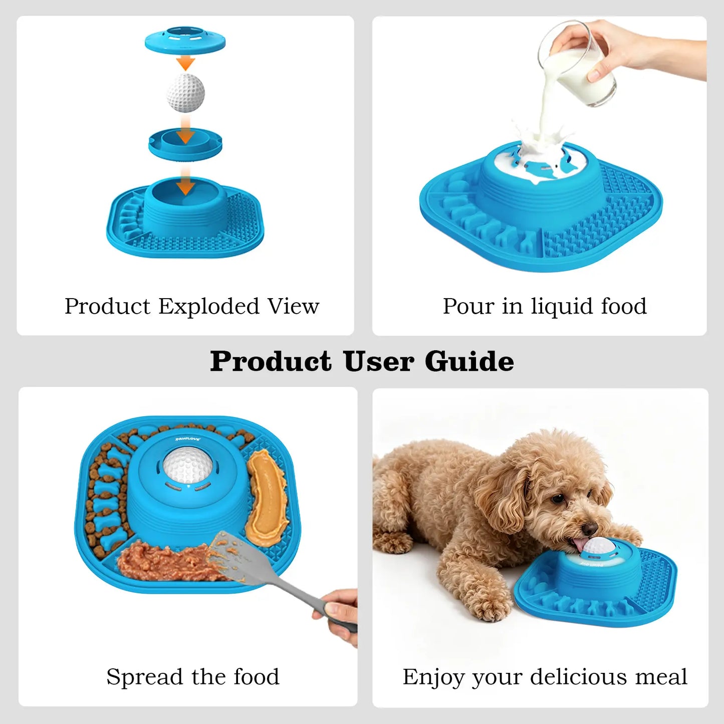 Pawlove Dog Slow Feeder Bowl - Anti-Slip Ball-In Design, 3/4 Cup Capacity Neater Feeder, Food-Grade, Ball Movement Curbs Splash Mess, Prevents Spill, Dishwasher Safe for Liquid Treats, Bone Broth, Anxiety Relief, Post-Op Use | Pet Supplies, Licking Bowl