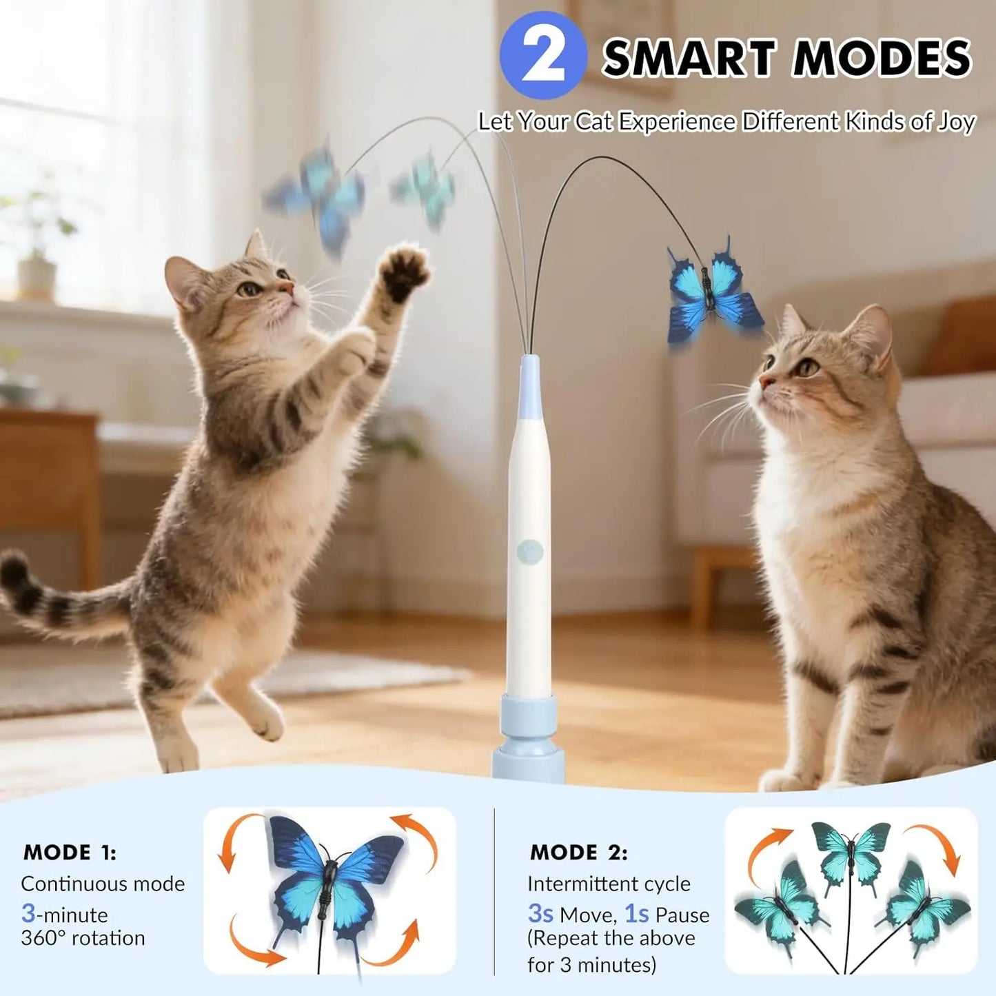 Interactive Cat Toy – Automatic Butterfly Toy with 360° Spin & Random Jump, USB Rechargeable, Dual Play Modes (Self-Play + Handheld), Strong Suction Cup Base – Perfect for Indoor Cats & Kittens Wand