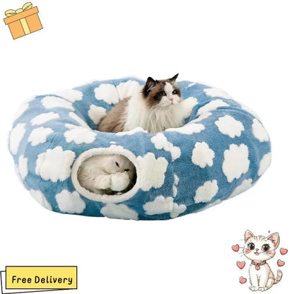 Cute Fuzzy Plush Pet Tunnel Bed with Blanket - Machine Washable Kitten Condo Puppy Furniture, Cozy Donut-Mimicking Cave with Peek-A-Boo Hole, Polyester Calming Bed for All Sizes