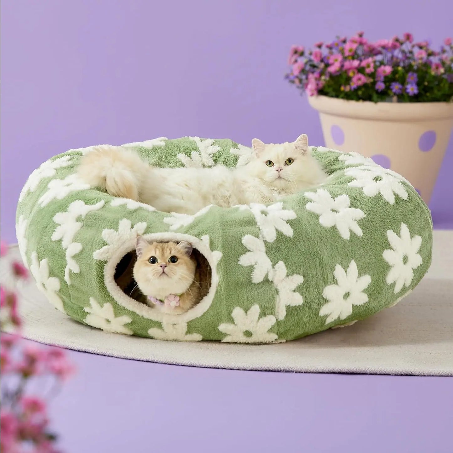 Cute Fuzzy Plush Pet Tunnel Bed with Blanket - Machine Washable Kitten Condo Puppy Furniture, Cozy Donut-Mimicking Cave with Peek-A-Boo Hole, Polyester Calming Bed for All Sizes