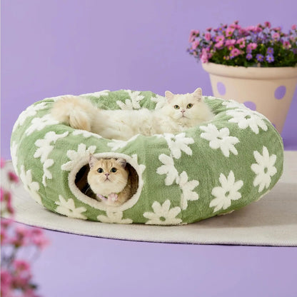 Cute Fuzzy Plush Pet Tunnel Bed with Blanket - Machine Washable Kitten Condo Puppy Furniture, Cozy Donut-Mimicking Cave with Peek-A-Boo Hole, Polyester Calming Bed for All Sizes
