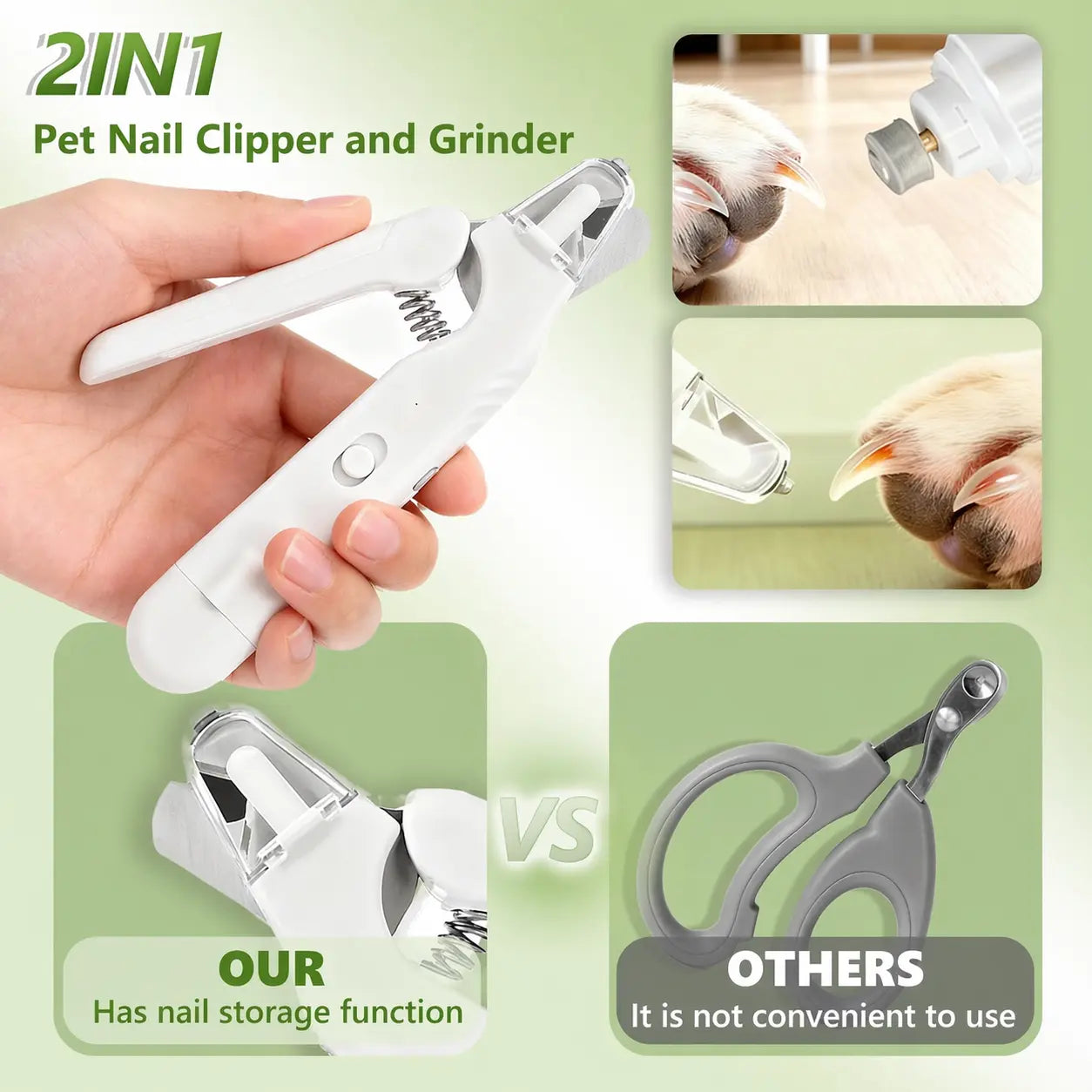 2-In-1 LED Steel & ABS Dog Nail Clipper & Grinder Combo, Safe Trim Paw Trimmer, Quiet Low-Vibration, Sharp Blades, USB Rechargeable Pet Grooming Tool with Polishing for Dogs & Cats Home Use