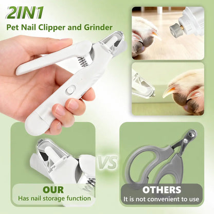 2-In-1 LED Steel & ABS Dog Nail Clipper & Grinder Combo, Safe Trim Paw Trimmer, Quiet Low-Vibration, Sharp Blades, USB Rechargeable Pet Grooming Tool with Polishing for Dogs & Cats Home Use