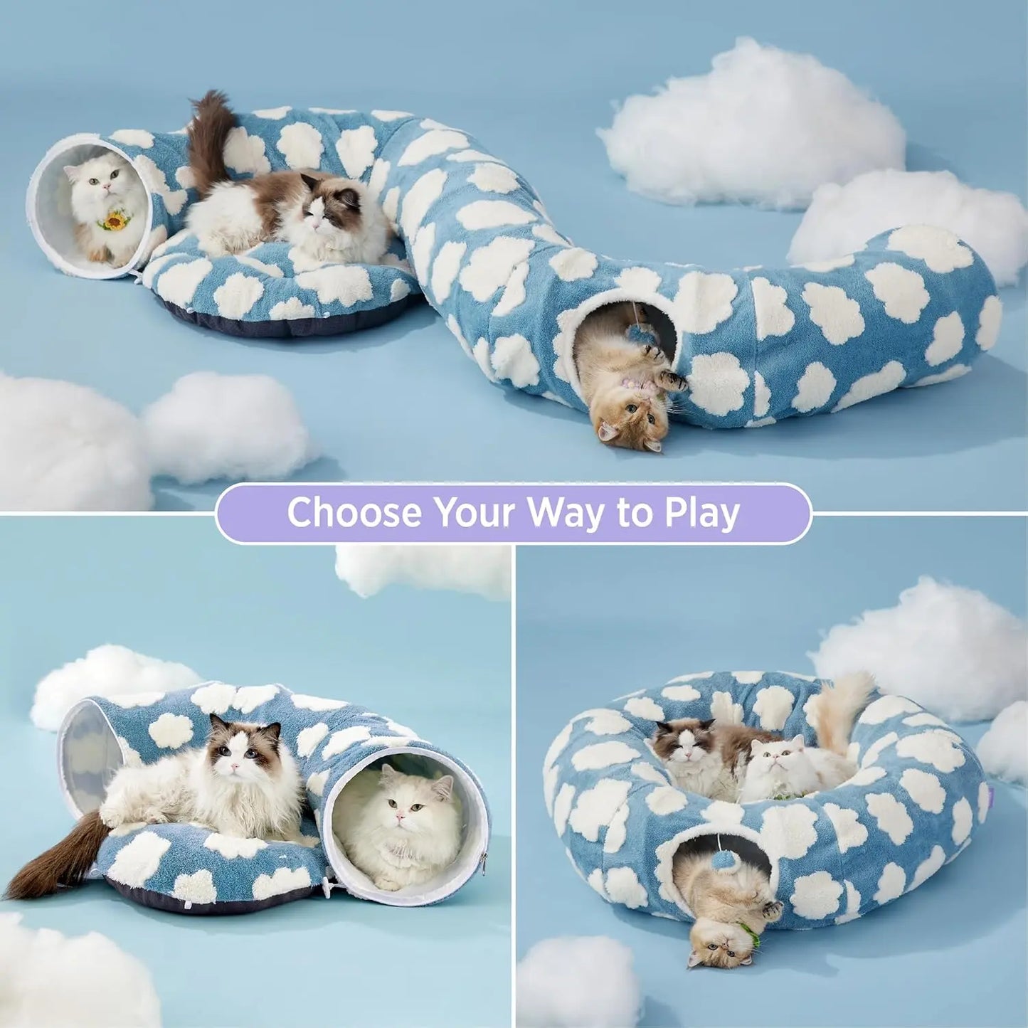 Cute Fuzzy Plush Pet Tunnel Bed with Blanket - Machine Washable Kitten Condo Puppy Furniture, Cozy Donut-Mimicking Cave with Peek-A-Boo Hole, Polyester Calming Bed for All Sizes