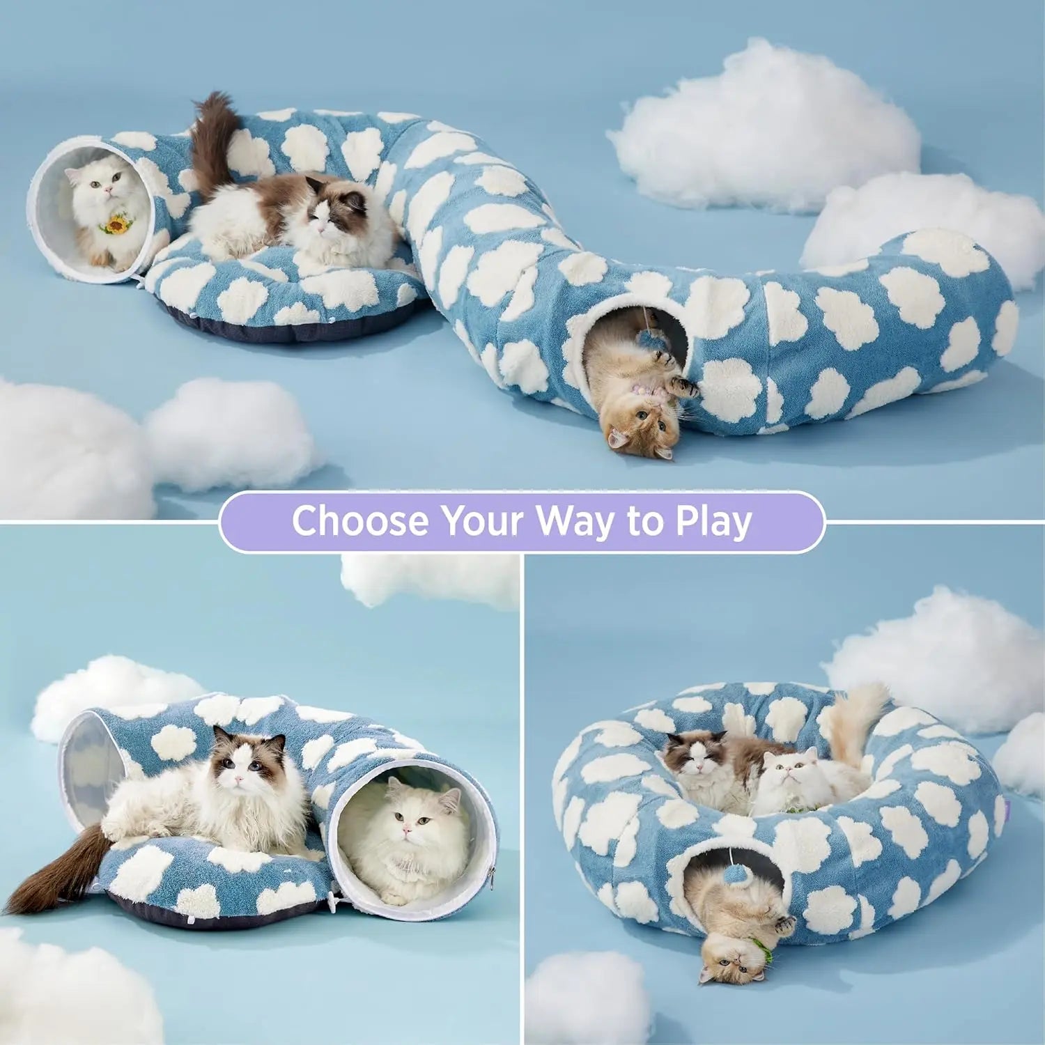 Cute Fuzzy Plush Pet Tunnel Bed with Blanket - Machine Washable Kitten Condo Puppy Furniture, Cozy Donut-Mimicking Cave with Peek-A-Boo Hole, Polyester Calming Bed for All Sizes