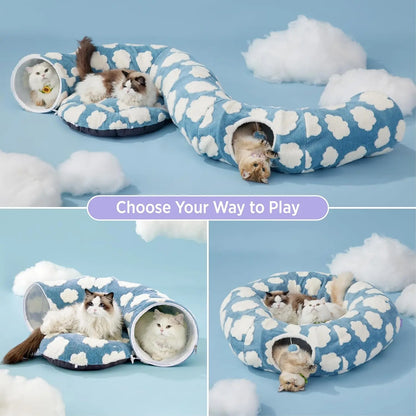 Cute Fuzzy Plush Pet Tunnel Bed with Blanket - Machine Washable Kitten Condo Puppy Furniture, Cozy Donut-Mimicking Cave with Peek-A-Boo Hole, Polyester Calming Bed for All Sizes