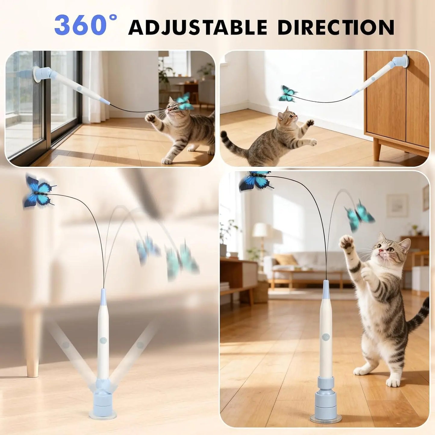 Interactive Cat Toy – Automatic Butterfly Toy with 360° Spin & Random Jump, USB Rechargeable, Dual Play Modes (Self-Play + Handheld), Strong Suction Cup Base – Perfect for Indoor Cats & Kittens Wand