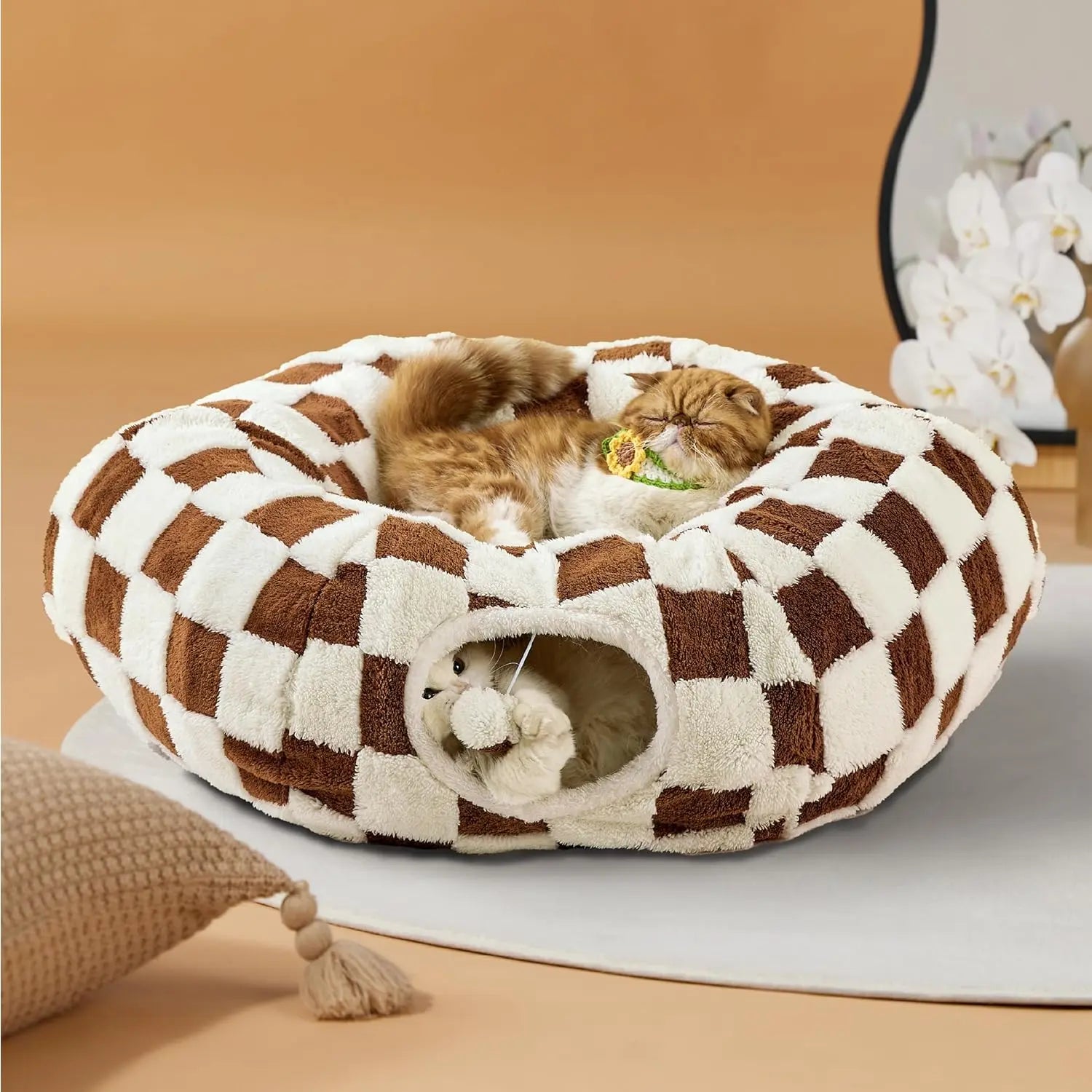 Cute Fuzzy Plush Pet Tunnel Bed with Blanket - Machine Washable Kitten Condo Puppy Furniture, Cozy Donut-Mimicking Cave with Peek-A-Boo Hole, Polyester Calming Bed for All Sizes