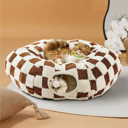 Cute Fuzzy Plush Pet Tunnel Bed with Blanket - Machine Washable Kitten Condo Puppy Furniture, Cozy Donut-Mimicking Cave with Peek-A-Boo Hole, Polyester Calming Bed for All Sizes