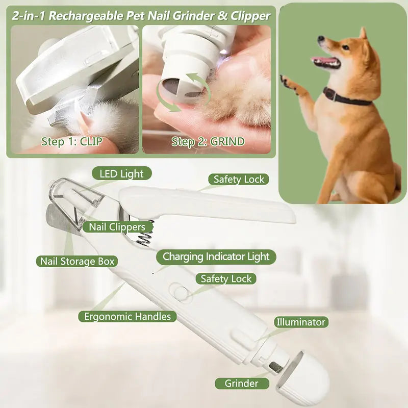 2-In-1 LED Steel & ABS Dog Nail Clipper & Grinder Combo, Safe Trim Paw Trimmer, Quiet Low-Vibration, Sharp Blades, USB Rechargeable Pet Grooming Tool with Polishing for Dogs & Cats Home Use