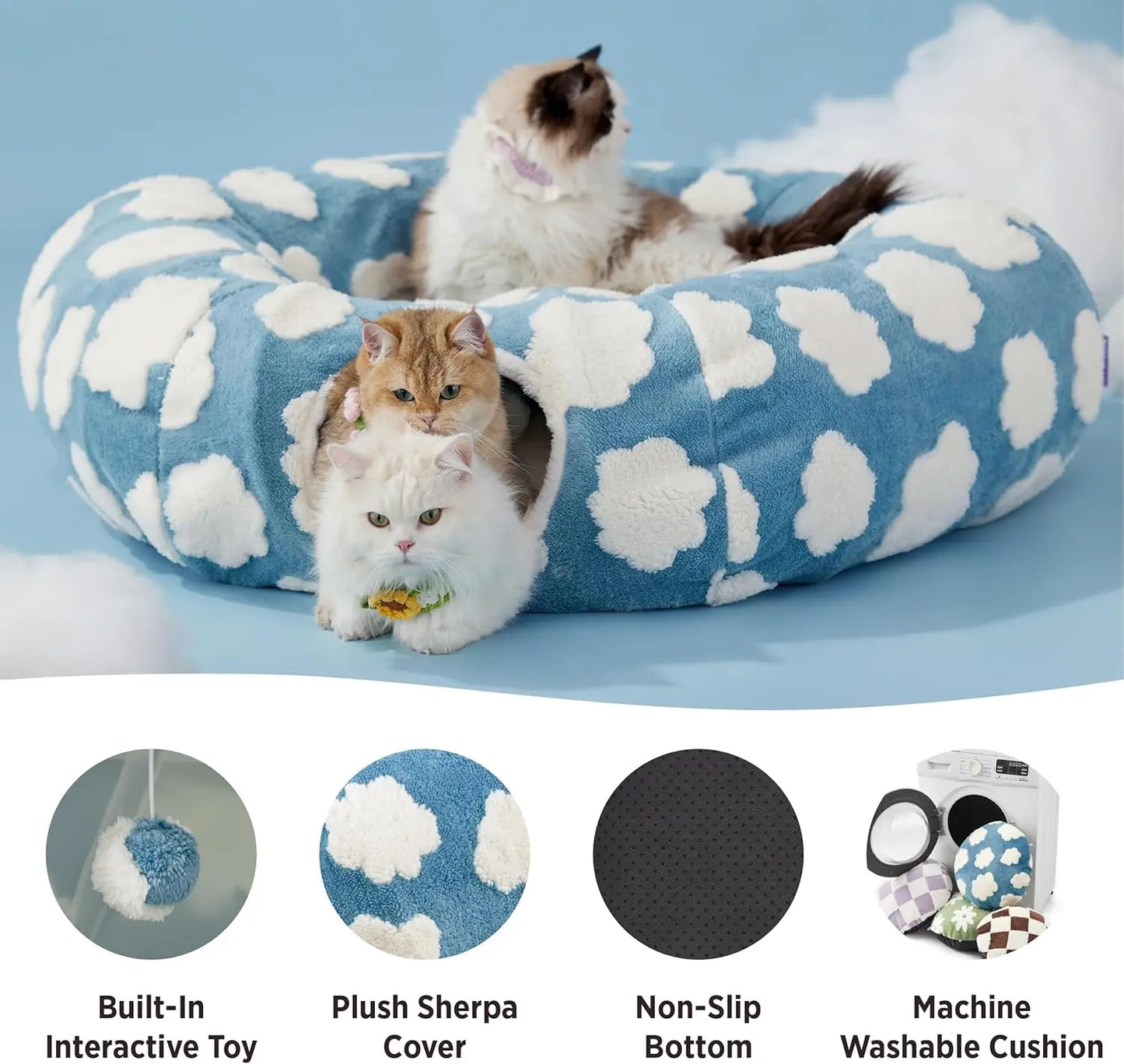 Cute Fuzzy Plush Pet Tunnel Bed with Blanket - Machine Washable Kitten Condo Puppy Furniture, Cozy Donut-Mimicking Cave with Peek-A-Boo Hole, Polyester Calming Bed for All Sizes