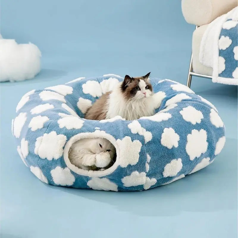 Cute Fuzzy Plush Pet Tunnel Bed with Blanket - Machine Washable Kitten Condo Puppy Furniture, Cozy Donut-Mimicking Cave with Peek-A-Boo Hole, Polyester Calming Bed for All Sizes