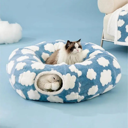 Cute Fuzzy Plush Pet Tunnel Bed with Blanket - Machine Washable Kitten Condo Puppy Furniture, Cozy Donut-Mimicking Cave with Peek-A-Boo Hole, Polyester Calming Bed for All Sizes