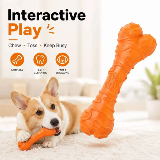 Small Dog Textured Rubber Chew Bone Toy Durable Dental Chewy for Teeth Cleaning Interactive Puppy Play Orange, Bone Stick Chew Toys