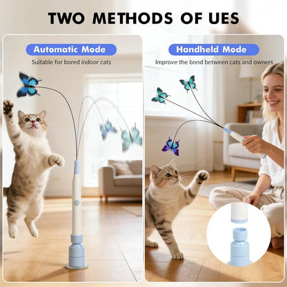 Interactive Cat Toy – Automatic Butterfly Toy with 360° Spin & Random Jump, USB Rechargeable, Dual Play Modes (Self-Play + Handheld), Strong Suction Cup Base – Perfect for Indoor Cats & Kittens Wand