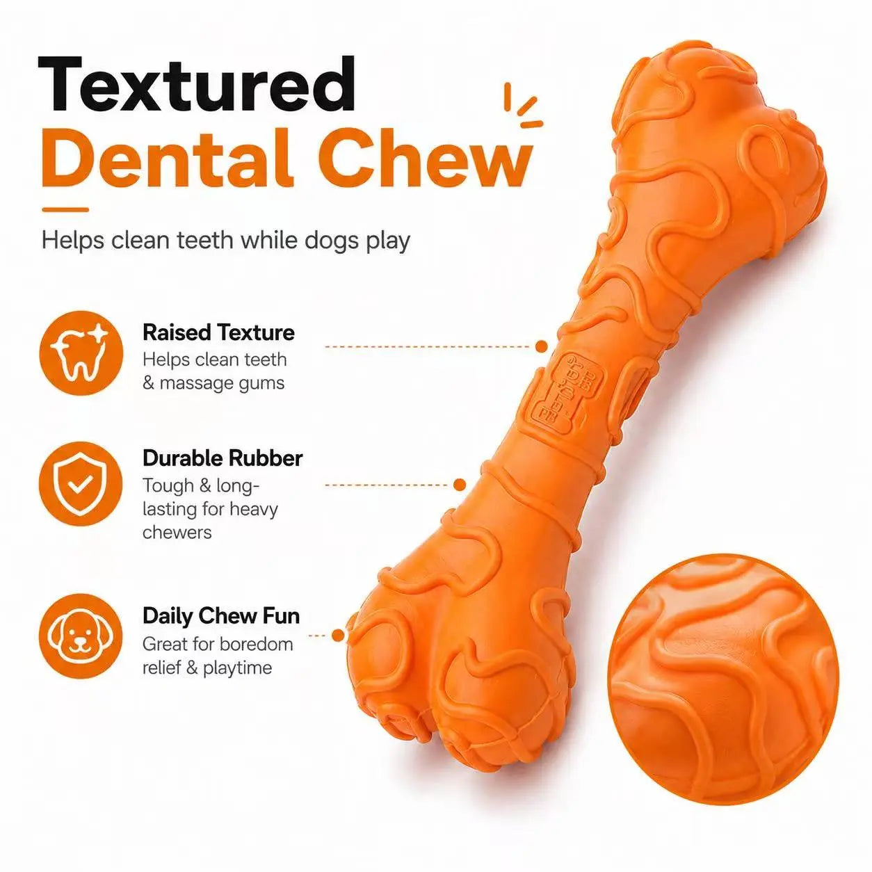 Small Dog Textured Rubber Chew Bone Toy Durable Dental Chewy for Teeth Cleaning Interactive Puppy Play Orange, Bone Stick Chew Toys